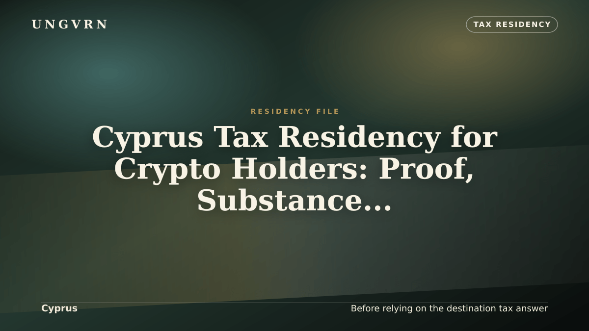 Cinematic article cover for Cyprus Tax Residency for Crypto Holders: Proof, Substance, and Reviewer File