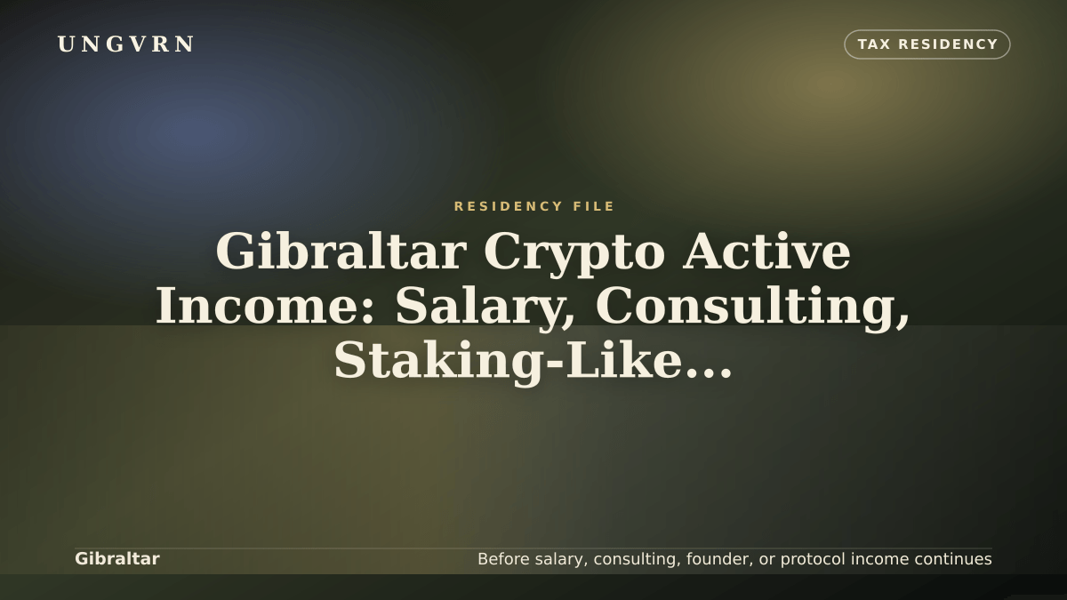 Cinematic article cover for Gibraltar Crypto Active Income: Salary, Consulting, Staking-Like Yield, and Founder Work