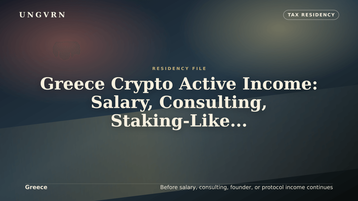 Cinematic article cover for Greece Crypto Active Income: Salary, Consulting, Staking-Like Yield, and Founder Work
