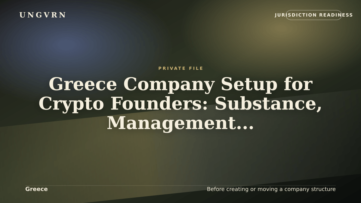 Cinematic article cover for Greece Company Setup for Crypto Founders: Substance, Management, and Banking