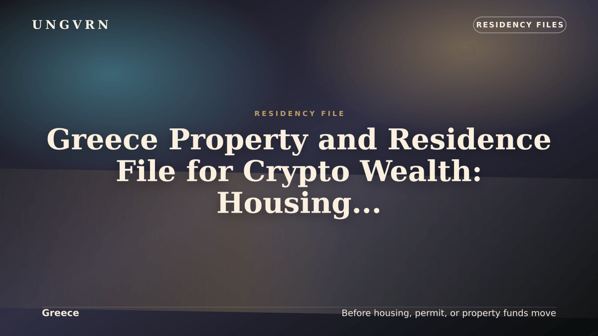 Cinematic article cover for Greece Property and Residence File for Crypto Wealth: Housing, Funds, and Proof