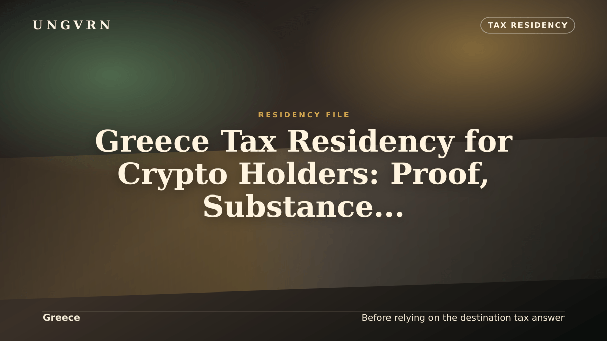 Cinematic article cover for Greece Tax Residency for Crypto Holders: Proof, Substance, and Reviewer File