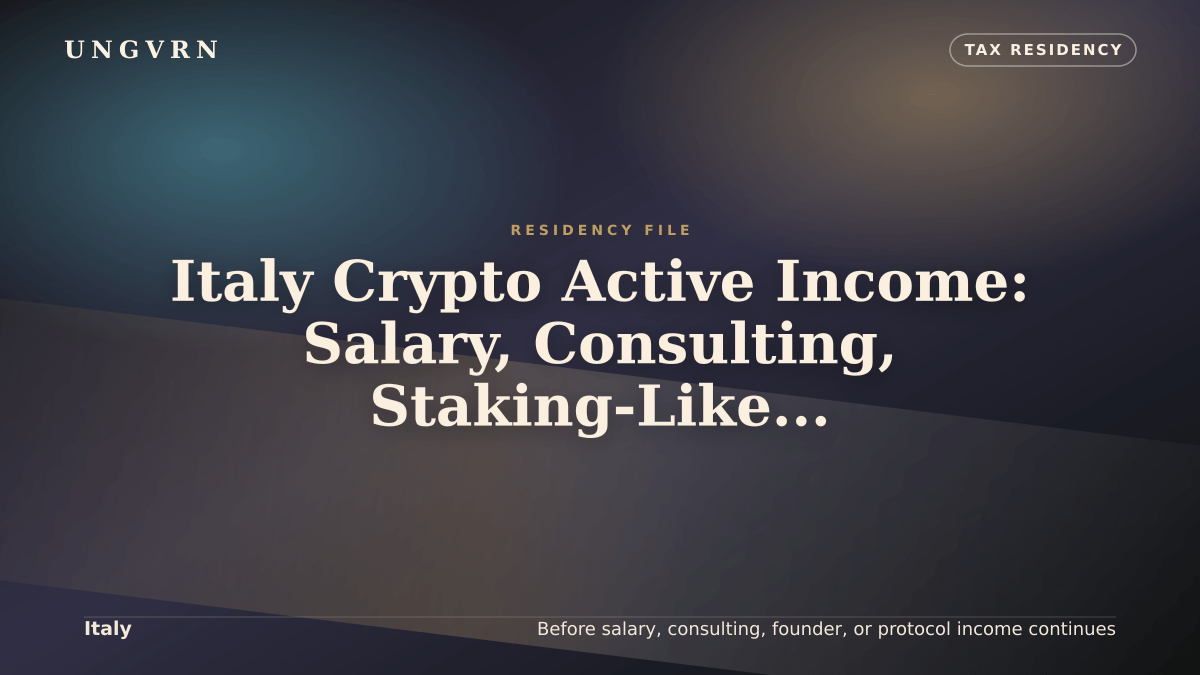 Cinematic article cover for Italy Crypto Active Income: Salary, Consulting, Staking-Like Yield, and Founder Work