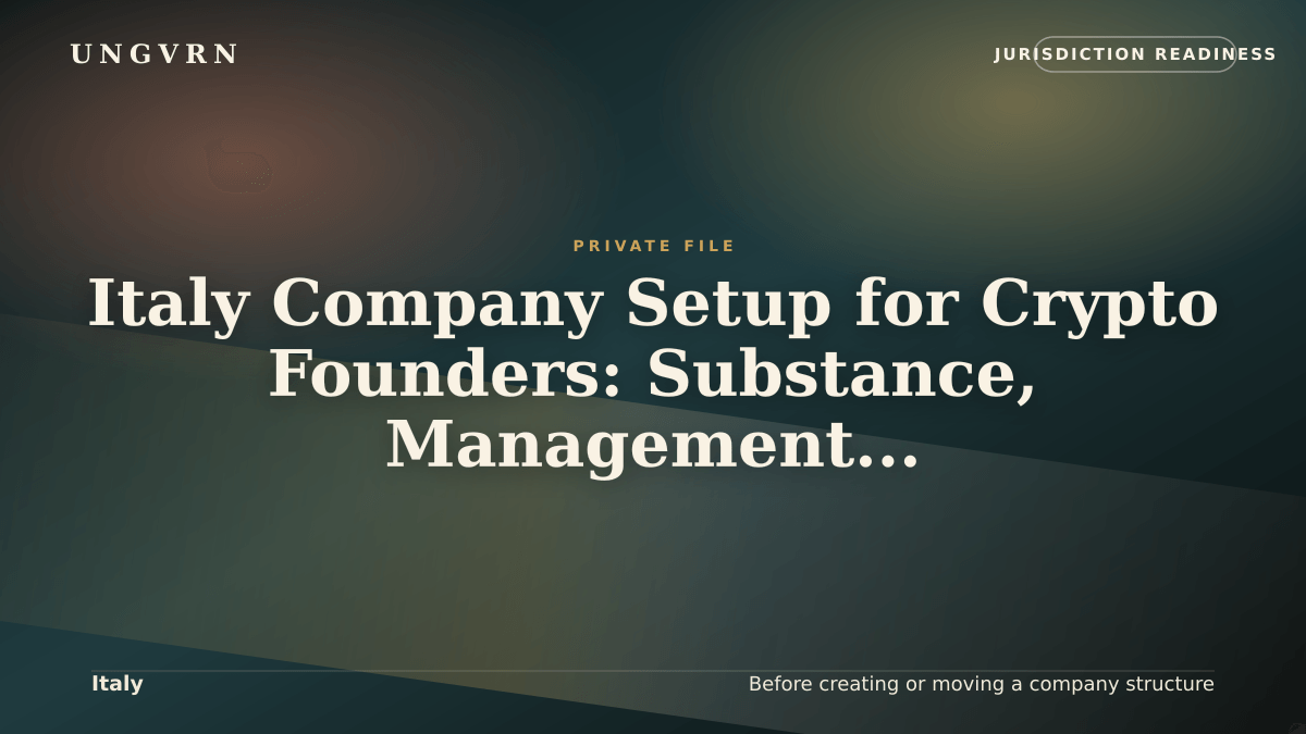 Cinematic article cover for Italy Company Setup for Crypto Founders: Substance, Management, and Banking