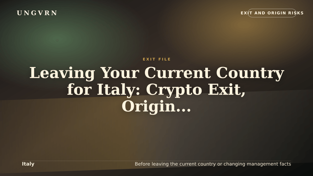 Cinematic article cover for Leaving Your Current Country for Italy: Crypto Exit, Origin, and Banking Risks