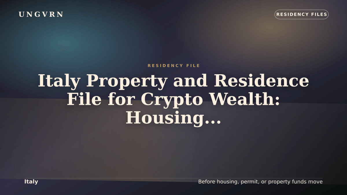 Cinematic article cover for Italy Property and Residence File for Crypto Wealth: Housing, Funds, and Proof