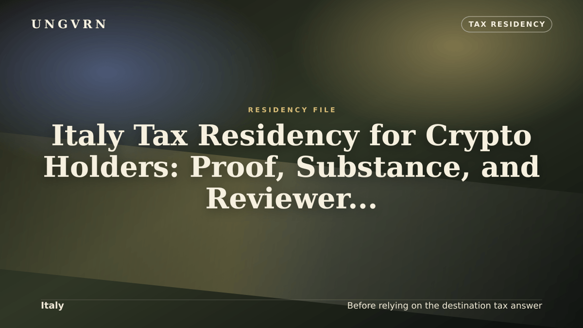 Cinematic article cover for Italy Tax Residency for Crypto Holders: Proof, Substance, and Reviewer File