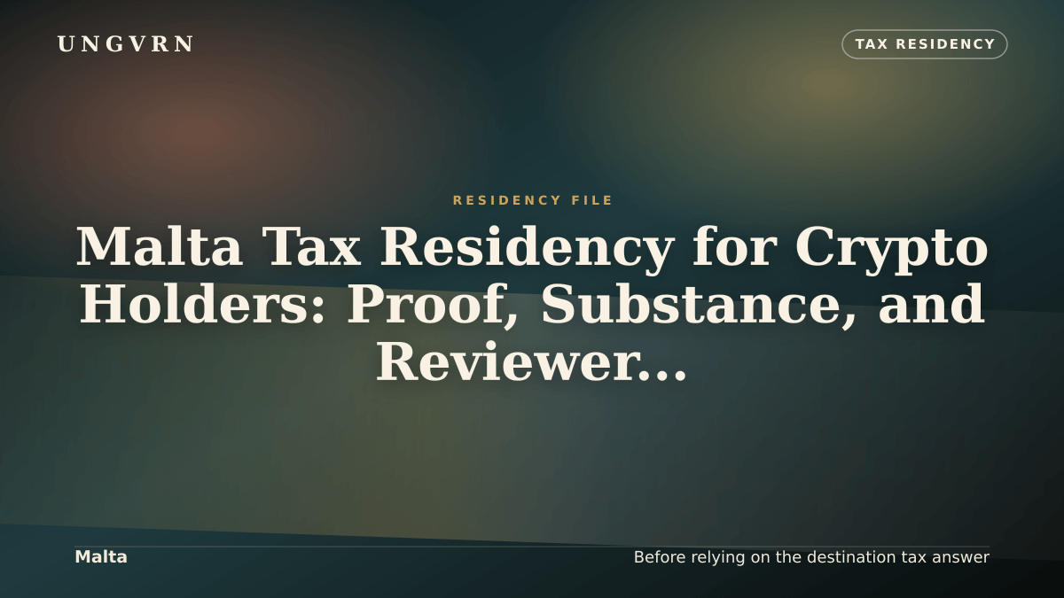 Cinematic article cover for Malta Tax Residency for Crypto Holders: Proof, Substance, and Reviewer File