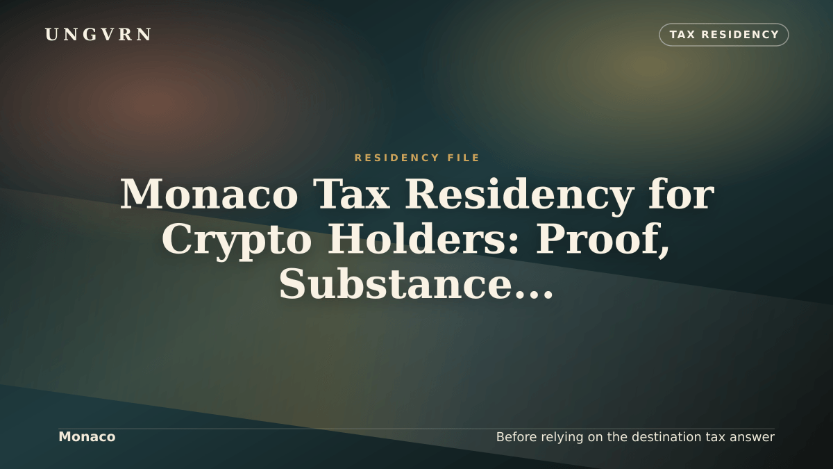 Cinematic article cover for Monaco Tax Residency for Crypto Holders: Proof, Substance, and Reviewer File