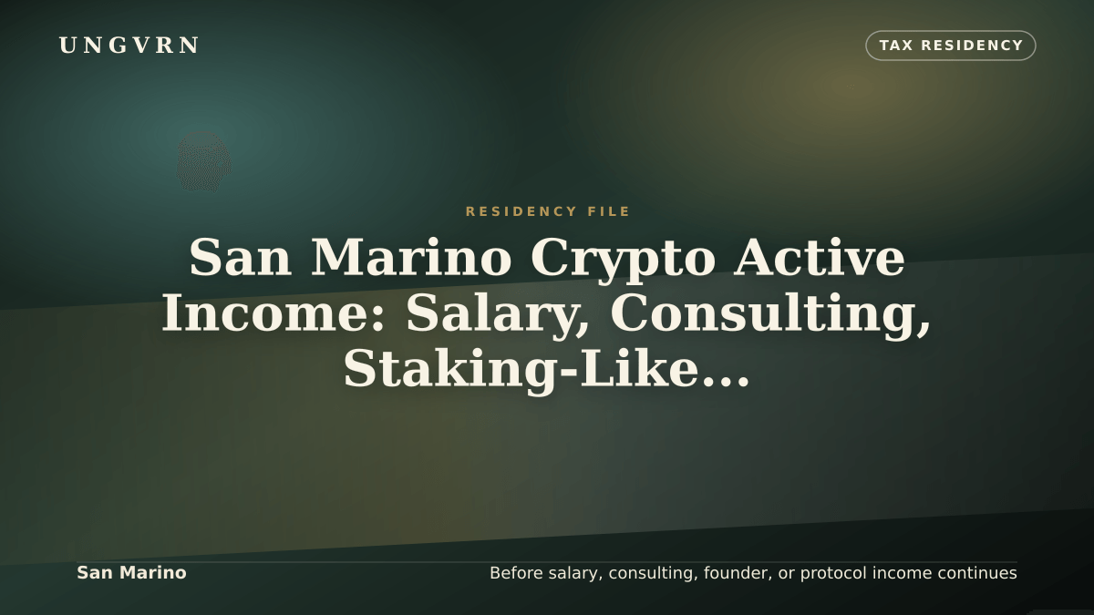 Cinematic article cover for San Marino Crypto Active Income: Salary, Consulting, Staking-Like Yield, and Founder Work