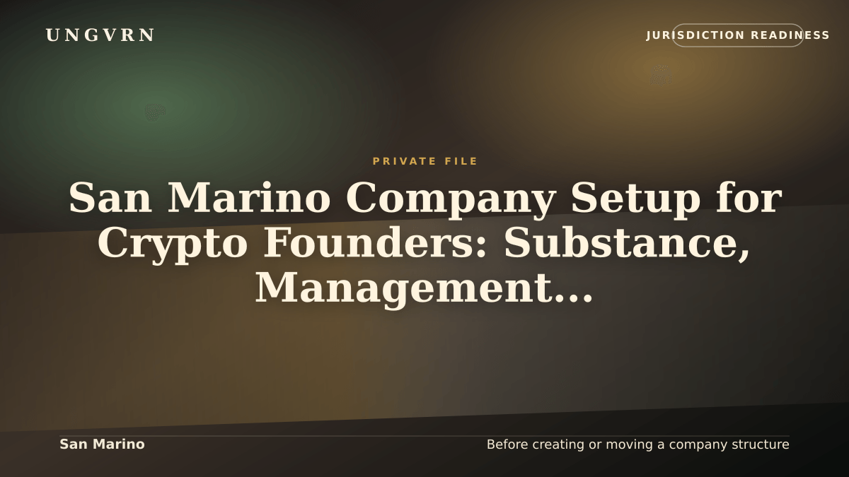 Cinematic article cover for San Marino Company Setup for Crypto Founders: Substance, Management, and Banking