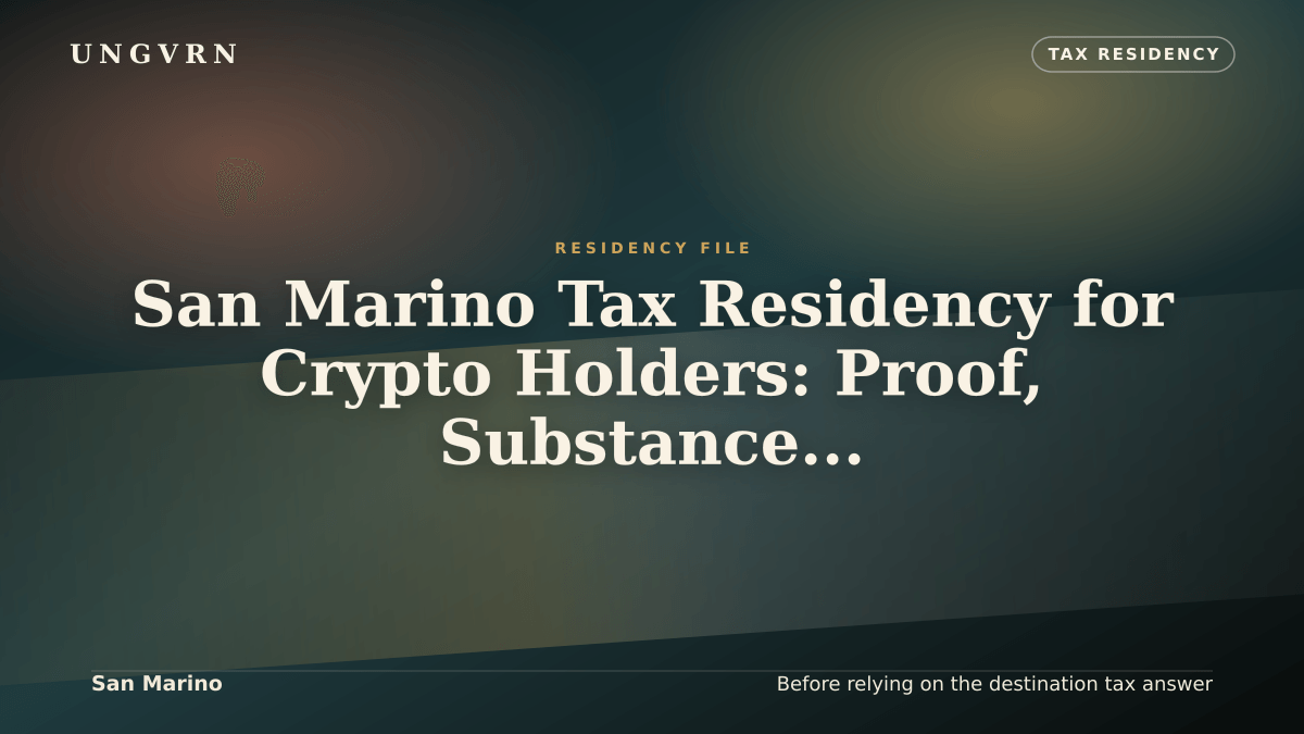 Cinematic article cover for San Marino Tax Residency for Crypto Holders: Proof, Substance, and Reviewer File