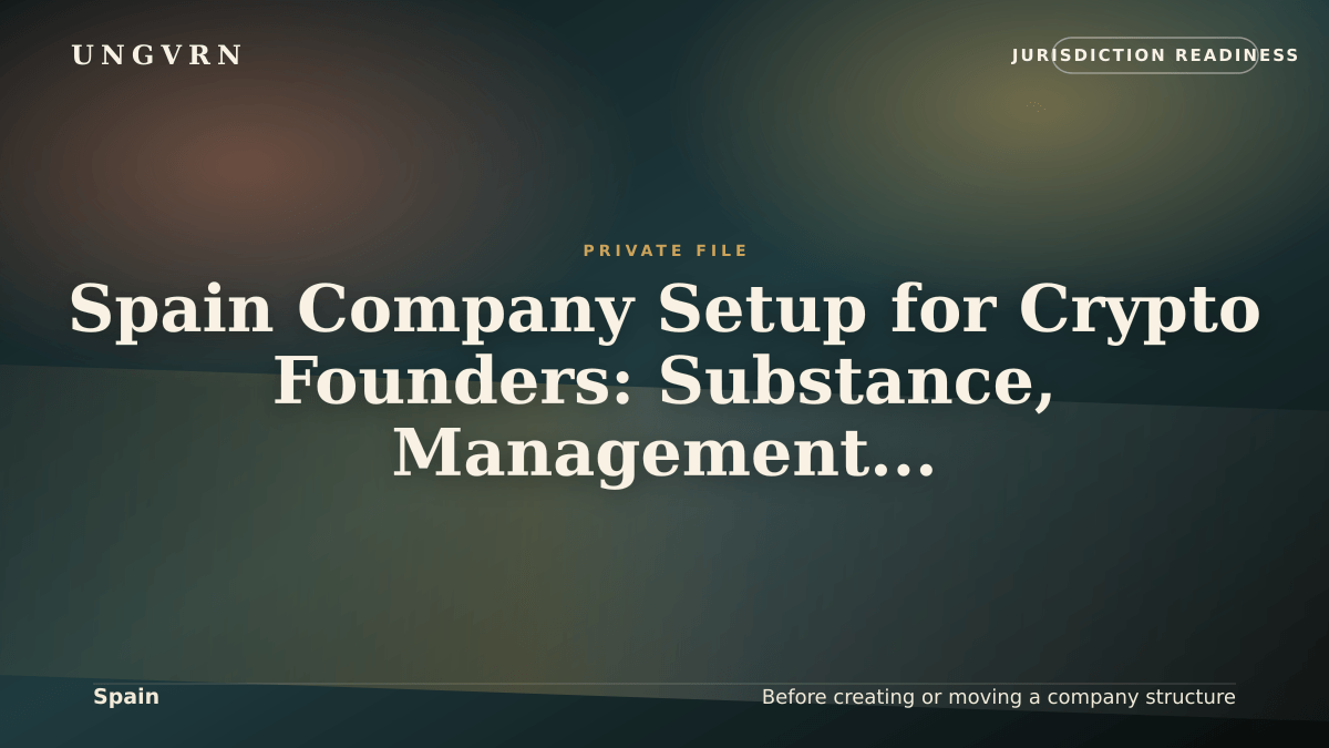 Cinematic article cover for Spain Company Setup for Crypto Founders: Substance, Management, and Banking