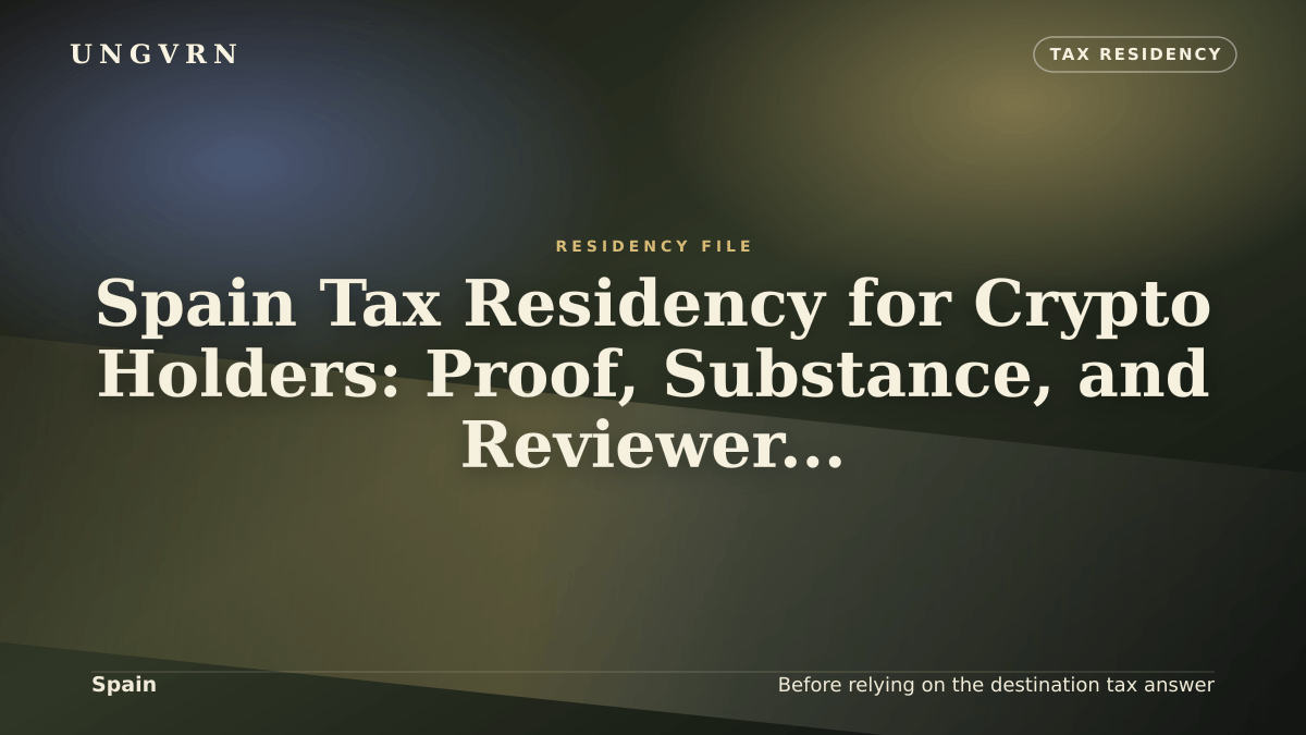 Cinematic article cover for Spain Tax Residency for Crypto Holders: Proof, Substance, and Reviewer File