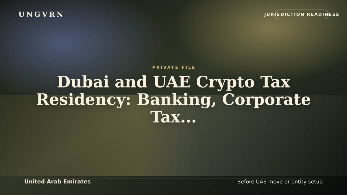 Cinematic article cover for Dubai and UAE Crypto Tax Residency: Banking, Corporate Tax, and Source-of-Wealth Readiness