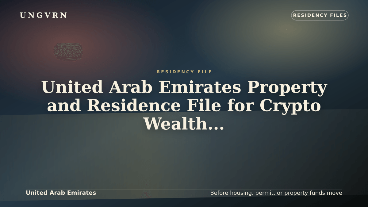Cinematic article cover for United Arab Emirates Property and Residence File for Crypto Wealth: Housing, Funds, and Proof
