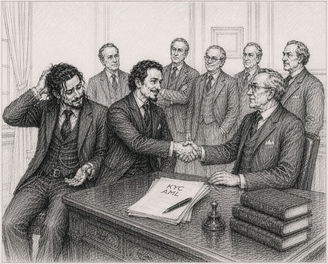 Crypto client shaking hands with a private banker during a KYC and AML review
